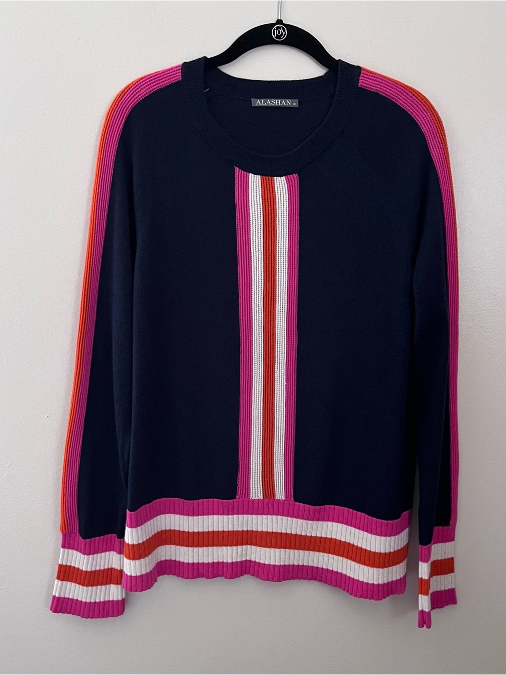 Alashan Cashmere Blend Navy Crewneck Sweater with Pink & Orange Stripe Details